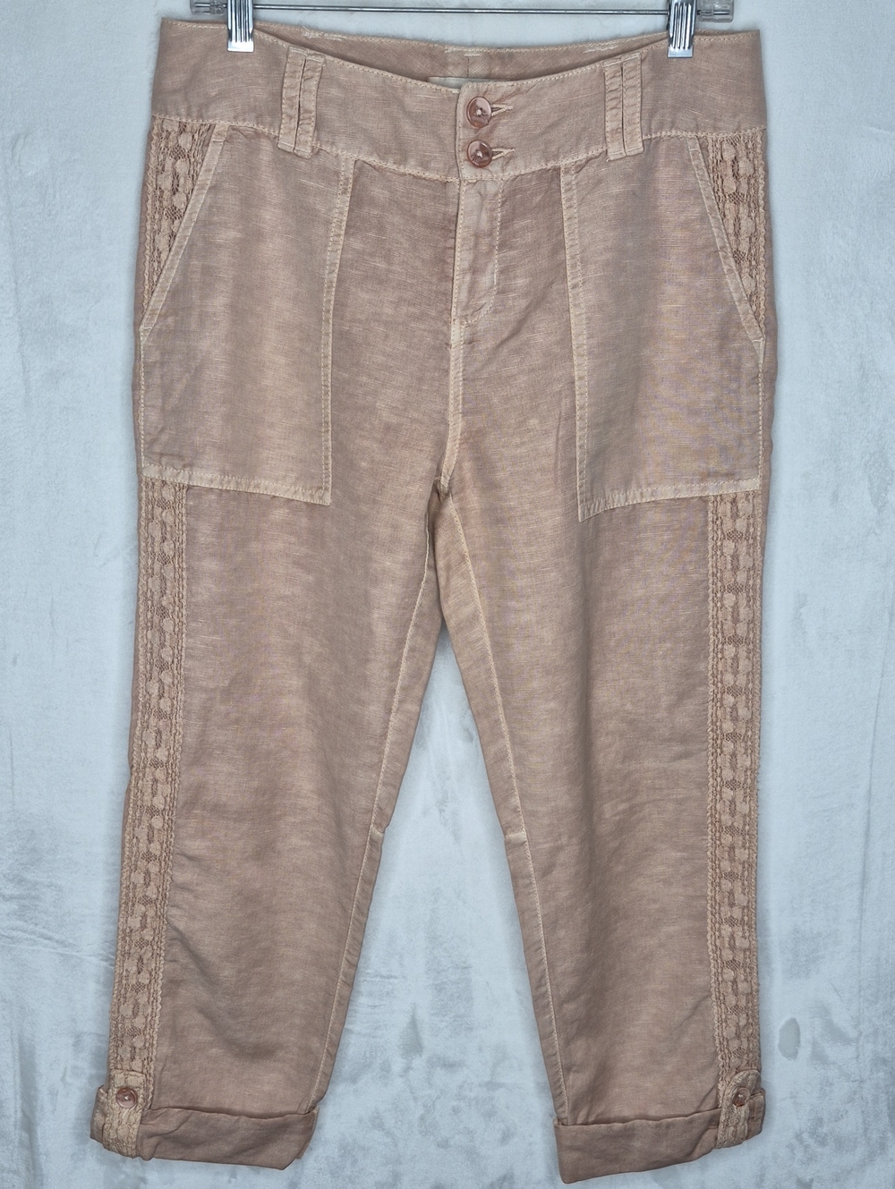 Sundance‎ Linen Blend Lace Trim Low Rise Straight Leg Crop Pants P4 Dusty Rose